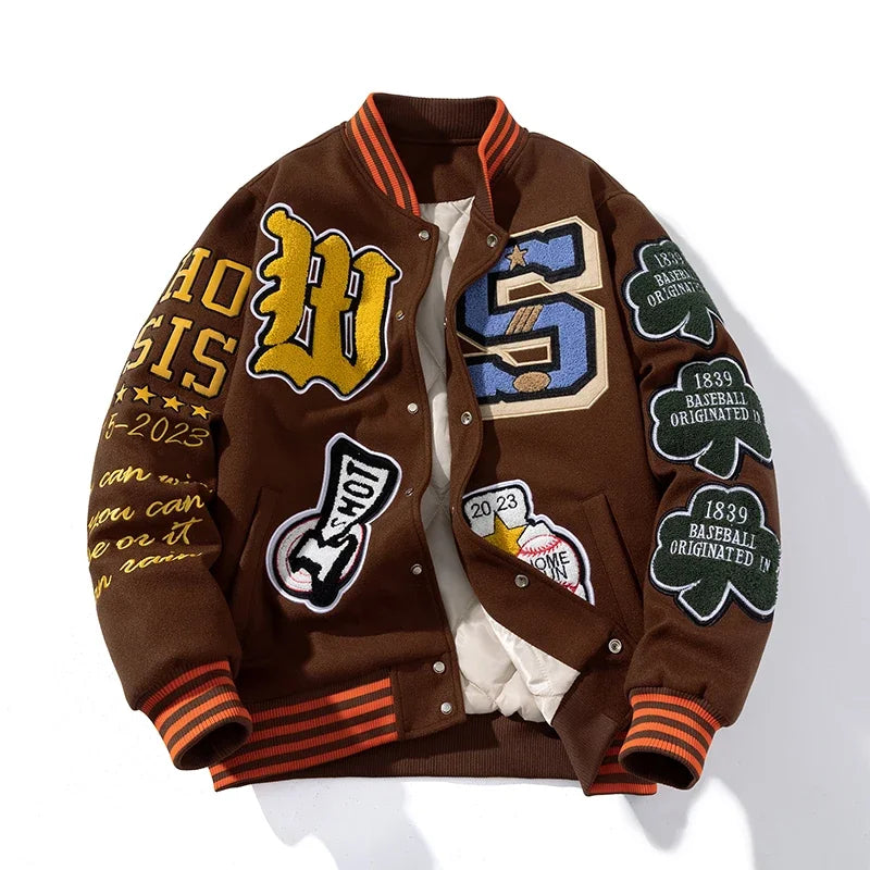 Stickerei Varsity Jacke Männer Frauen Brief Winter Amerikanischen Baseball Jacke Hip Hop Wollmantel Dicke Warme Outwear Parkas Braun