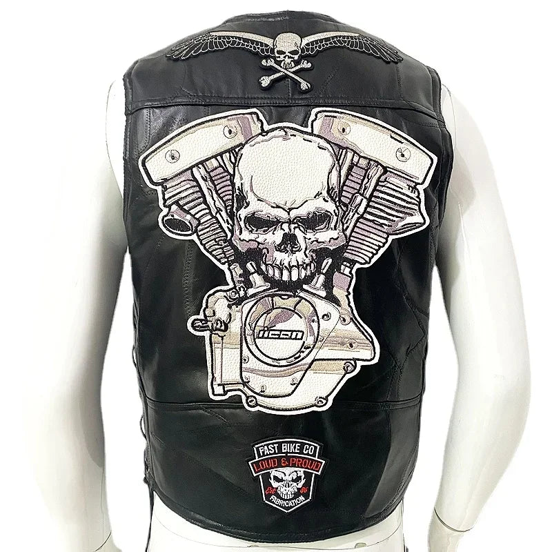 Motorcycle Leather Vest Embroidered Patch Moto Sleeveless Jacket Cycling Casual Street Vest Motorcycle Club Punk Vest