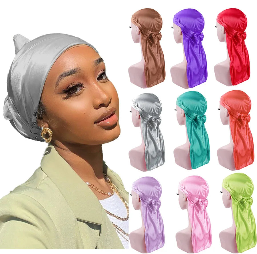 Unisex Silky Durags Bandanas Turban Hat Wigs Doo Men Satin Durag Biker Headwear Headband Hair Accessories Extra Long Tail Du-Rag