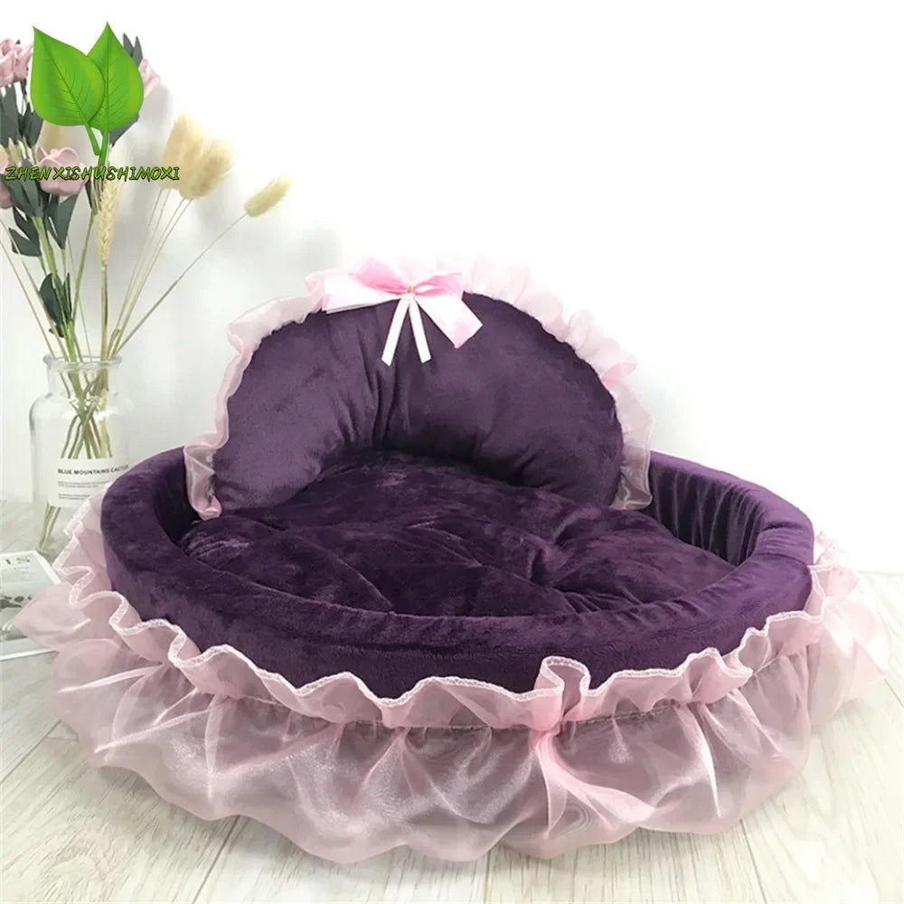 3D Fantasy Bow Lace Pet Bed for Dogs Romantic Detachable Oval Princess Pet Bed Dog Soft Sofa Nest Pet Wedding Furniture 1pc