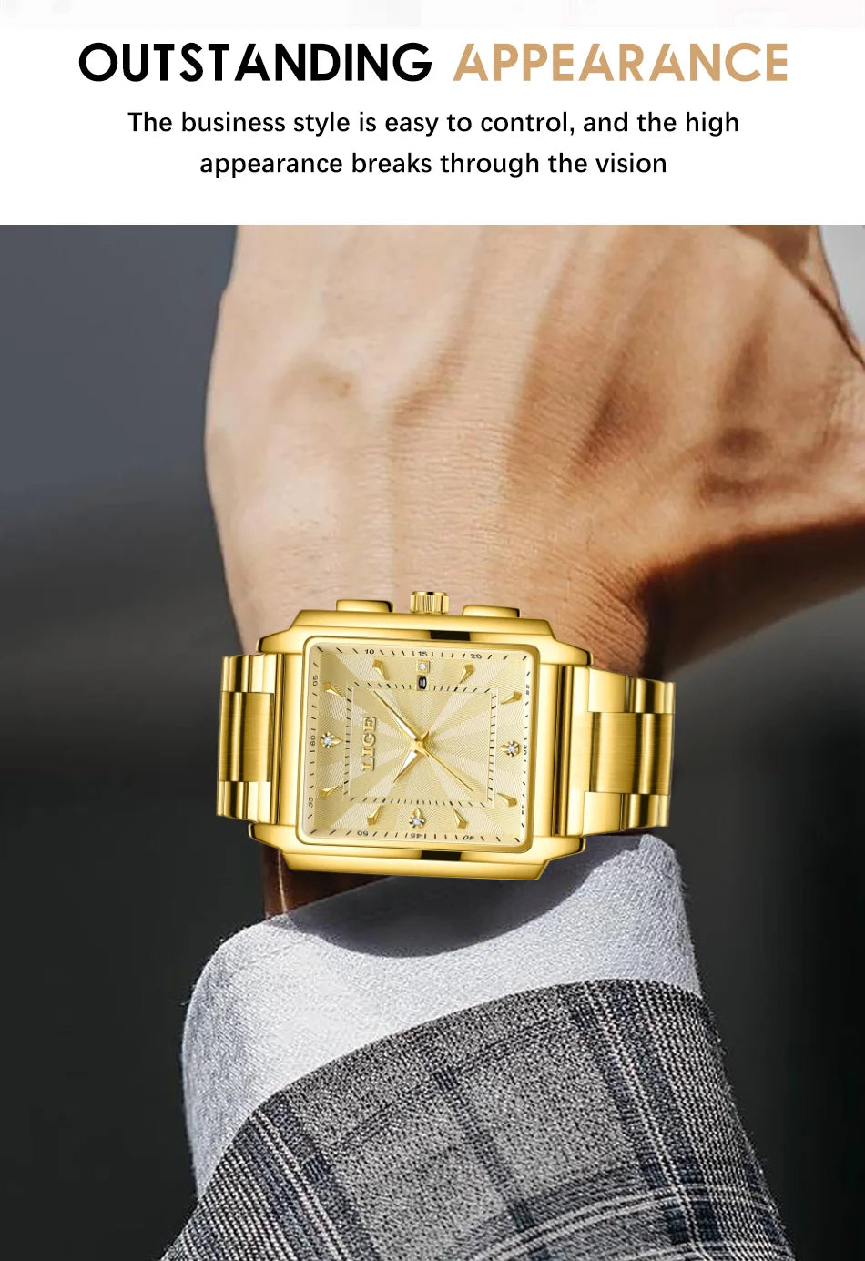 LIGE Watch Man Square Fashion Men Watches Top Brand Luxury Golden Quartz Stainless Steel Waterproof Wristwatch Relogio Masculino