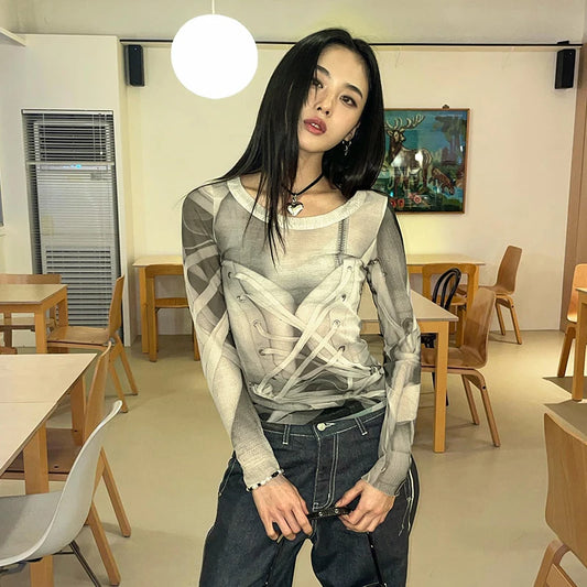 CUTENOVA Autumn Mesh Elastic Strappy Printed Blouse Round Collar Full Sleeves Shirt Harajuku Y2K Girls Slim Sheering  Tops