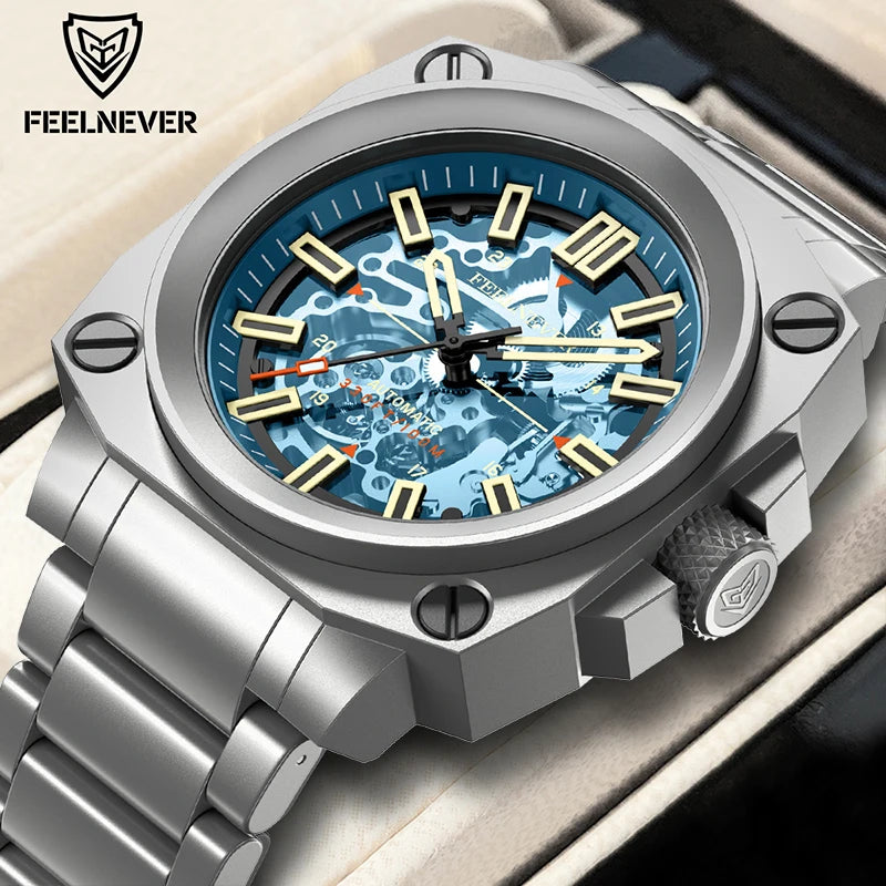 FeelNever Creative Automatic Movement Men's Watches Hollow Fashion Casual Sport Military Leather Waterproof Mechanical Watch+Box