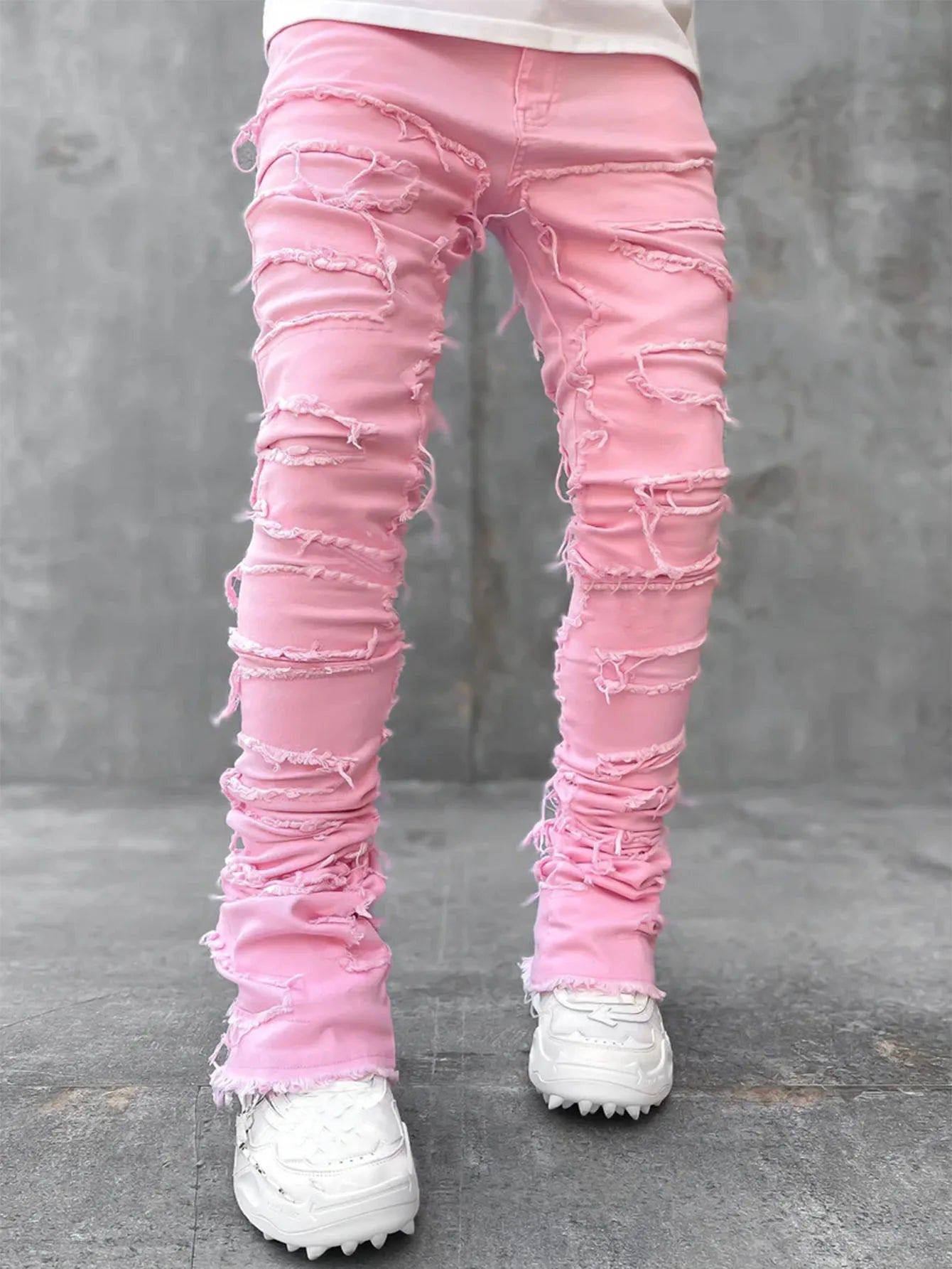 Fashion Streetwear Men's Regular Fit Stacked Jeans Ripped Slim Fit Patch Distressed Destroyed Straight Denim Pants 2024 S-3XL