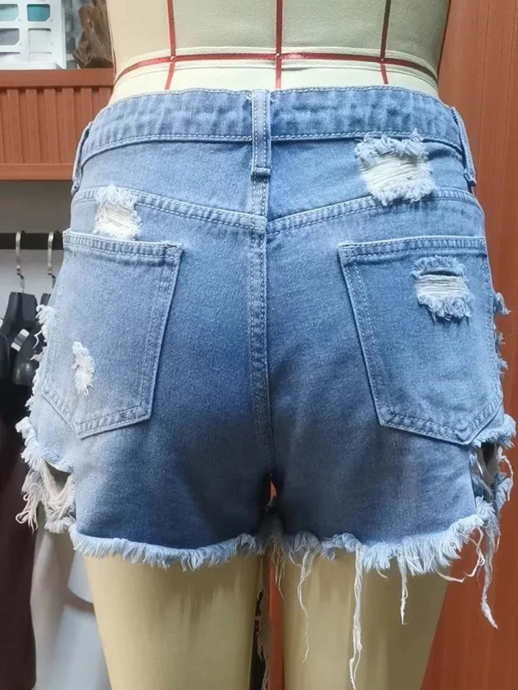 Summer Women Sexy Ripped Hot Denim Shorts Jeans Lady Shorts Mini Pants Lady Cut Out High Street Stripper Party Irregular Jeans