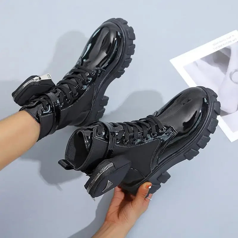 Women Boots New in Motorcycle Ankle Boots Wedges Female Lace up Platforms White Black Leather Oxford Shoes Women Boots