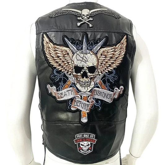 Motorcycle Leather Vest Embroidered Patch Moto Sleeveless Jacket Cycling Casual Street Vest Motorcycle Club Punk Vest