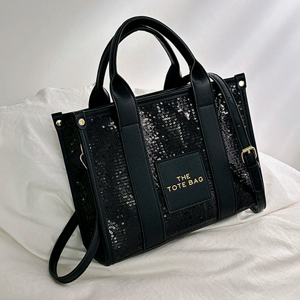 New The Tote Bag Letter Printed Sequins Top-Handle Bag Women Leather Handbag Luxury Designer Glitter Shoulder Crossbody Bag