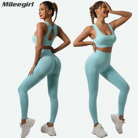 Mileegirl Hollow Back Yoga Bra Set for Women, 2pcs Seamless Sports Pants Sets, High Waist Fitness Gym Legging Workout Tights