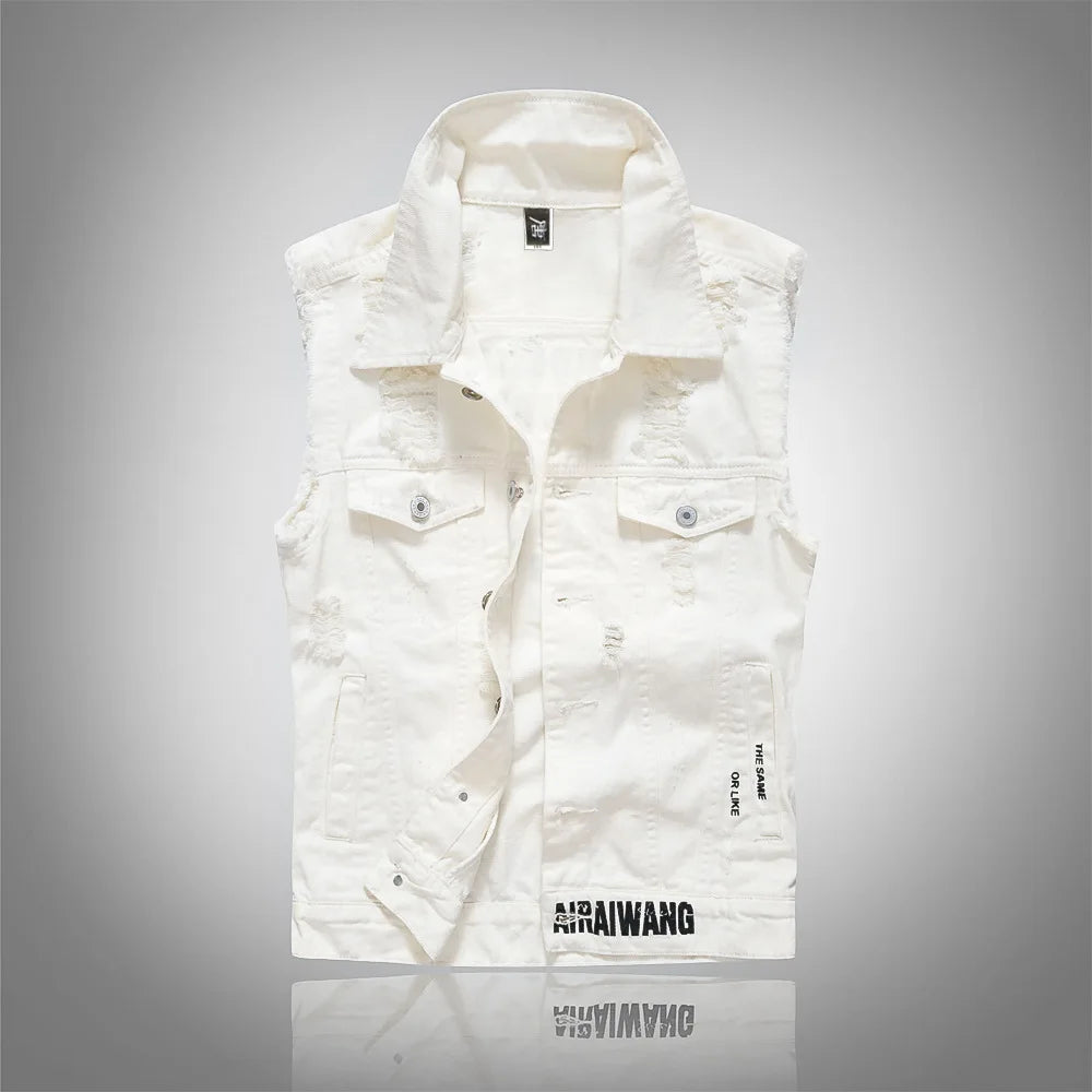 Men White Denim Vests Waistcoats Jackets New Fashion Male Slim Fit Denim Coats Vests Street Wear Holes Jeans Vests Size S-5XL