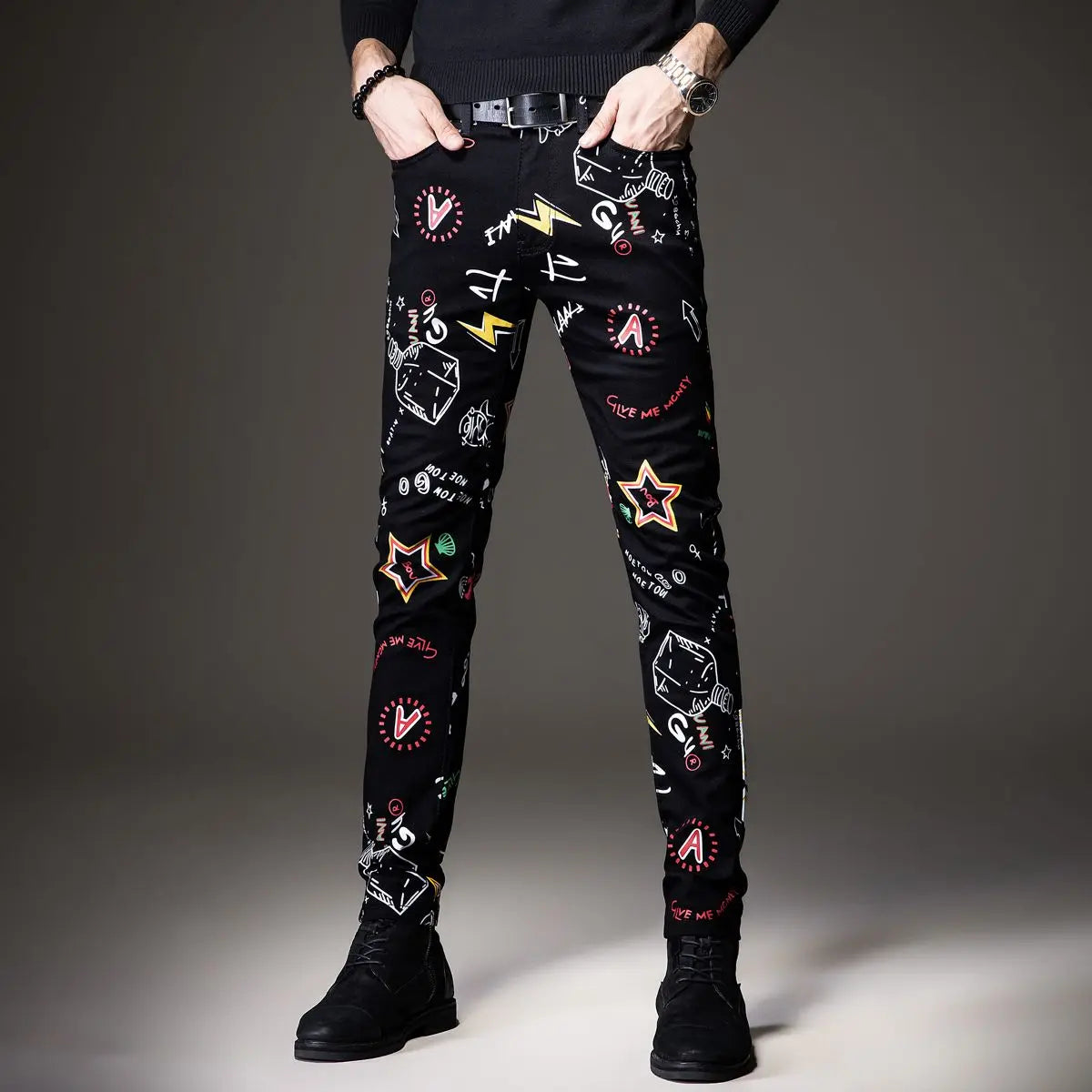 Luxury Mens Denim Pants Hip Hop Graffiti Print Jeans Designer Slim Fit Trendy Black Jeans Stretch Cowboy Cotton Trousers for Men