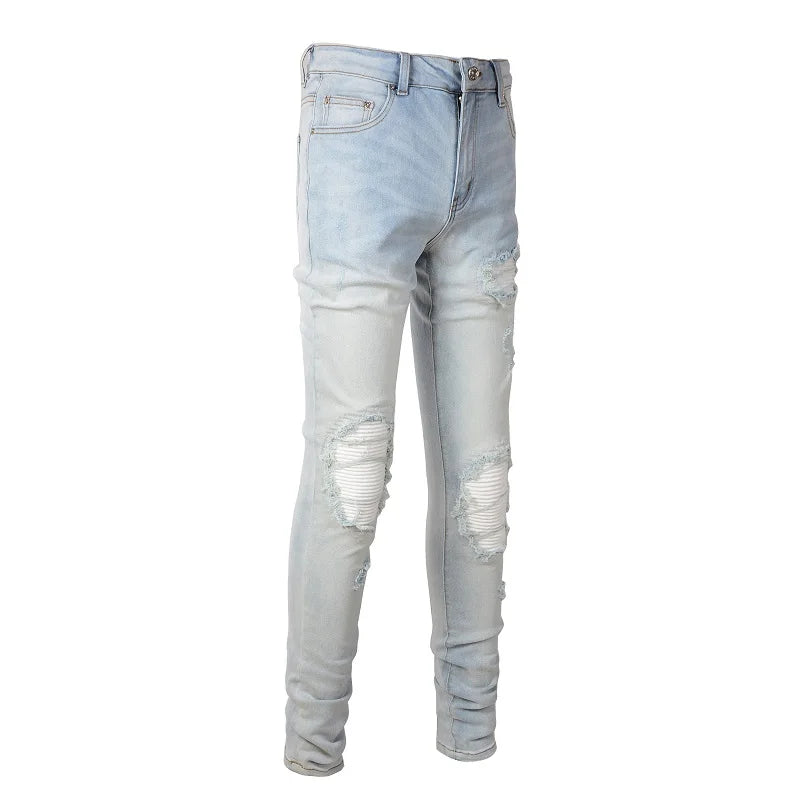 Men Pale Light Blue Biker Jeans Cracked Pleated Patch Patchwork Stretch Denim Pants Streetwear Holes Ripped Skinny Trousers