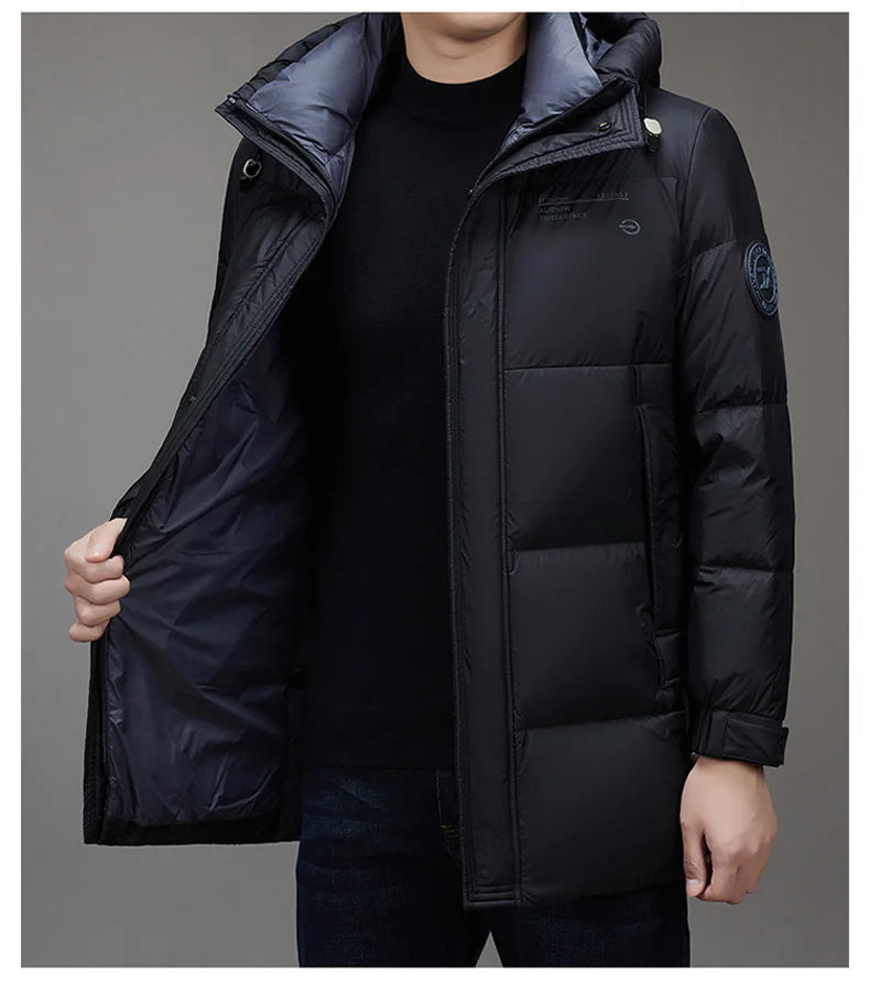 Light Luxury Down Jacket Men's Long Winter 2024 Trendy 90% White Duck Down Warm Coat Business Casual Hat Lightweight Down Jacket