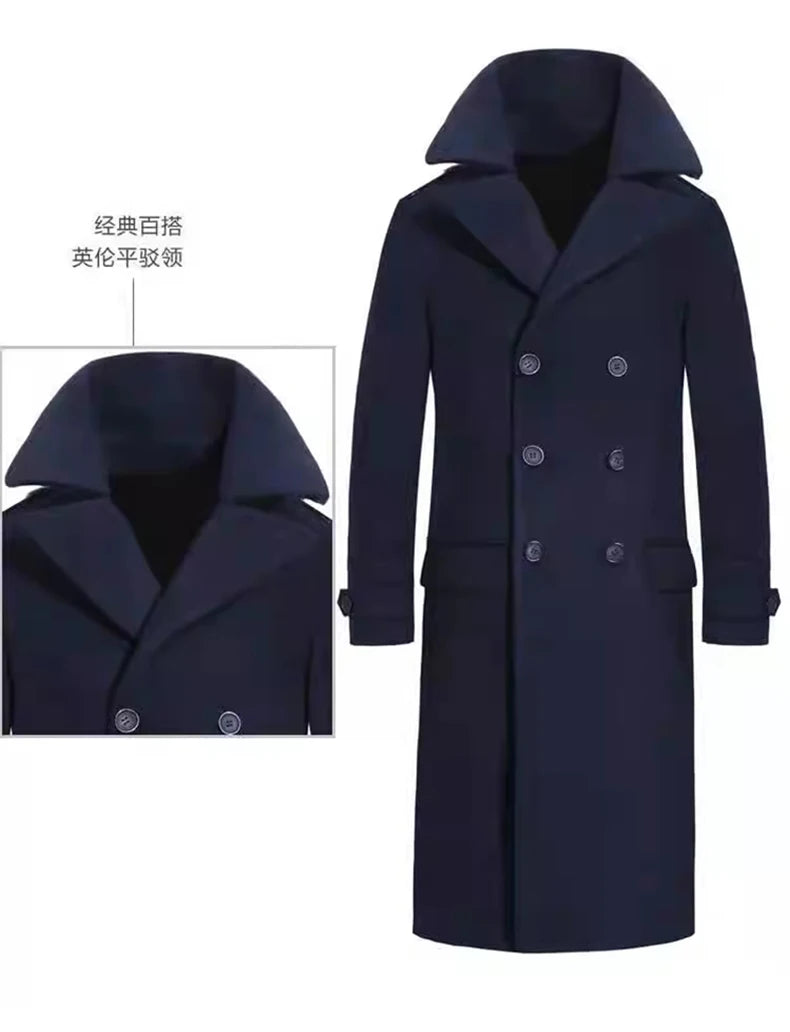 Mauroicardi Autumn Winter Long Warm Smart Casual Navy Blue Black Woolen Coat Men Double Breasted Luxury Wool Blends Overcoat