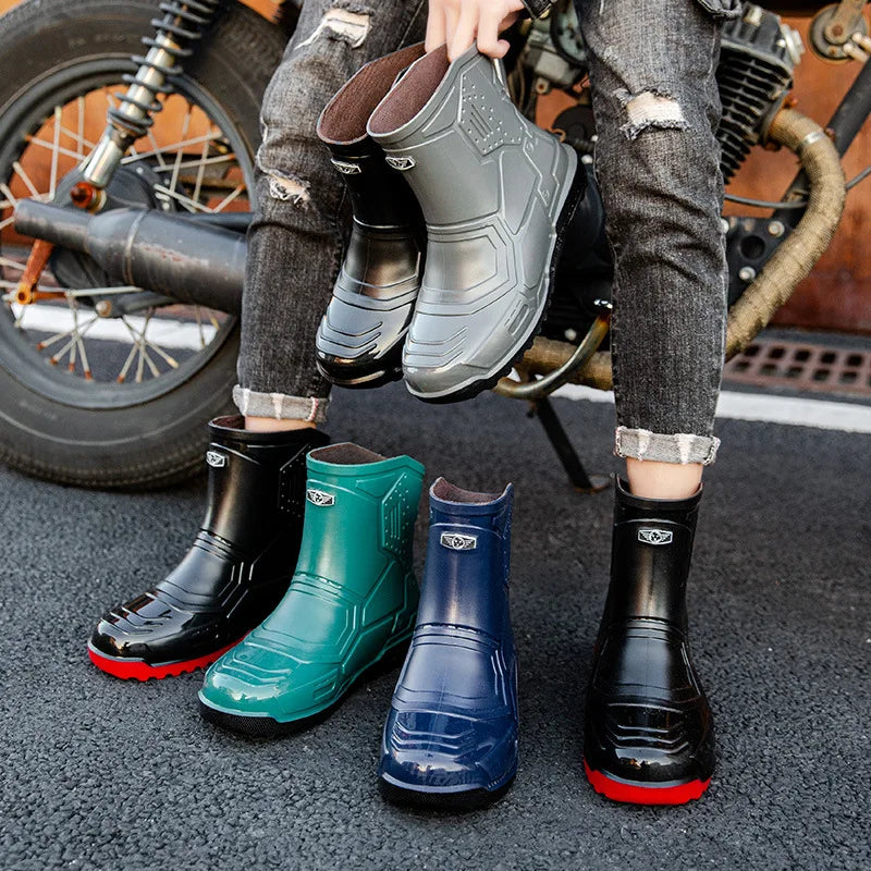 2024 männer Knöchel Plattform Regen Stiefel Frühjahr Neue Mode Rutschfeste Wasserdichte Schuhe Einfarbig Mitte Barrel Regen Stiefel Angeln Schuhe