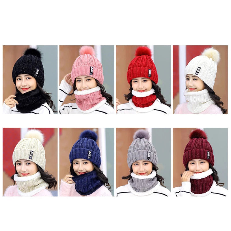 Winter Strickschal Mütze Set Winddicht Hals Schutz Warm Verdickter Schal Dicke Warme Skullies Beanies Hüte Für Frauen