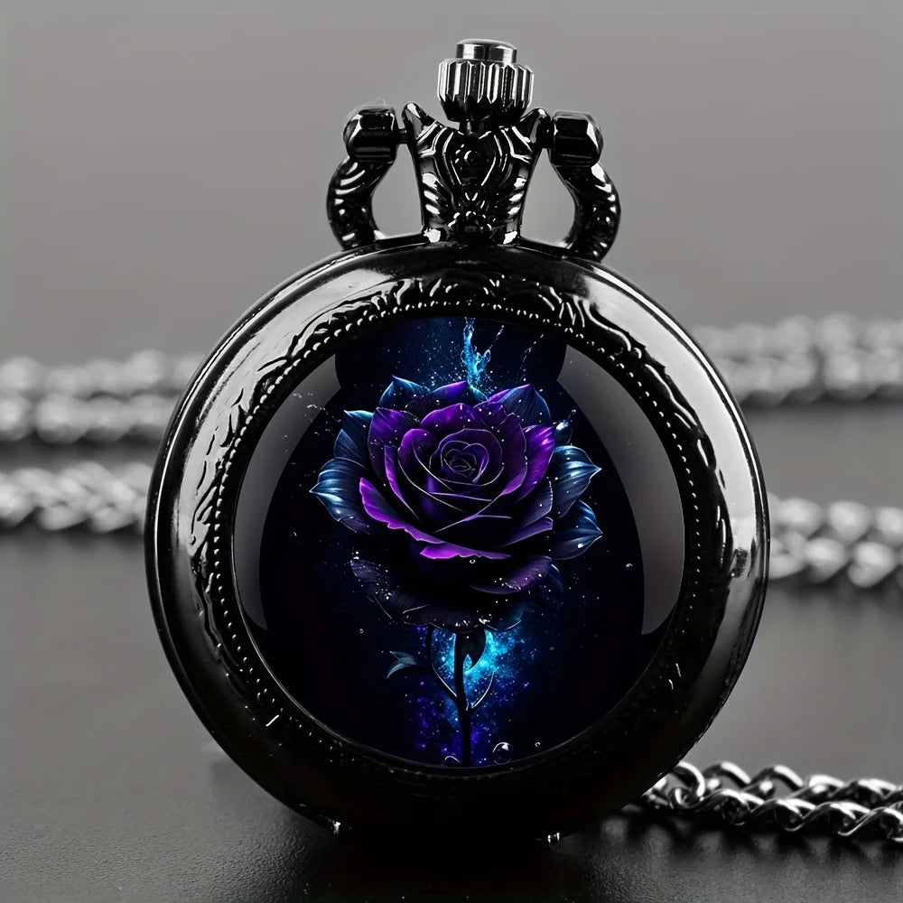 Exquisite Special Pocket Watch Blue Rose Flower Elegant Black Clock With Necklace Chain Lover's Best Gift Cool Fashion Relojes