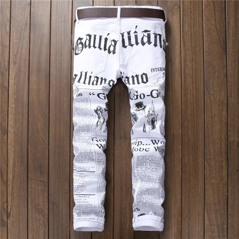 Hole Casual Straight Fashion White New Style Denim Jeans Long whiteTrousers Men's Jeans Denim White Newspaper Printing