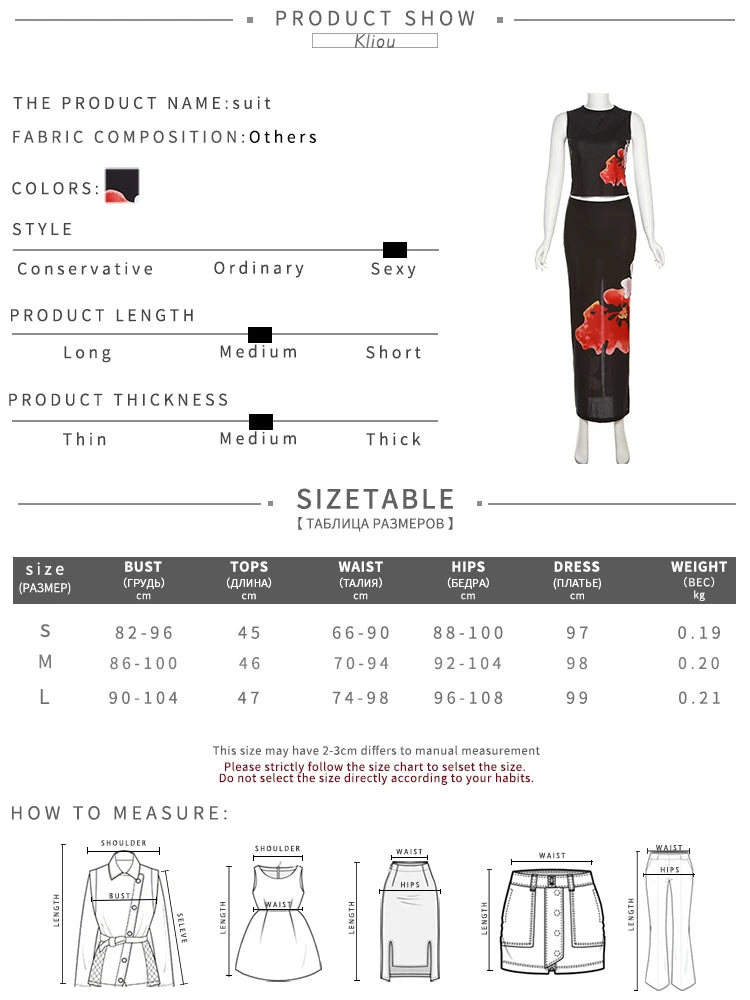 Kliou Vintage Folower Print Two Piece Set Women Sexy Mesh See Through Croped Vest+High Waist Slim Skirt Female Matching Outfits