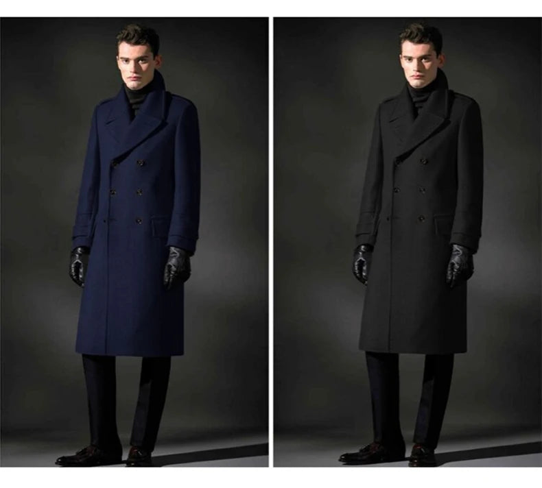 Mauroicardi Autumn Winter Long Warm Smart Casual Navy Blue Black Woolen Coat Men Double Breasted Luxury Wool Blends Overcoat