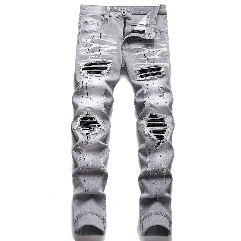 Men Cracked Blue Pleated Patch Biker Jeans Streetwear Holes Ripped Distressed Patchwork Stretch Denim Pants Slim Skinny Trousers