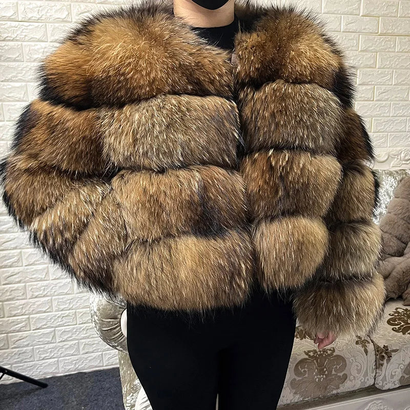 2024 Winter Women's Real  Fur Coat Natural Racoon Fur Jacket  Luxury Furry Leather Coats Female Fox Fur Clothes Long Sleeves