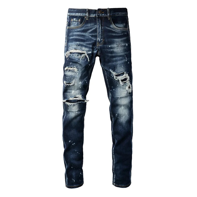 Men Holes Patchwork Denim Jeans Streetwear Dark Blue Stretch Pants Painted Skinny Tapered Trousers