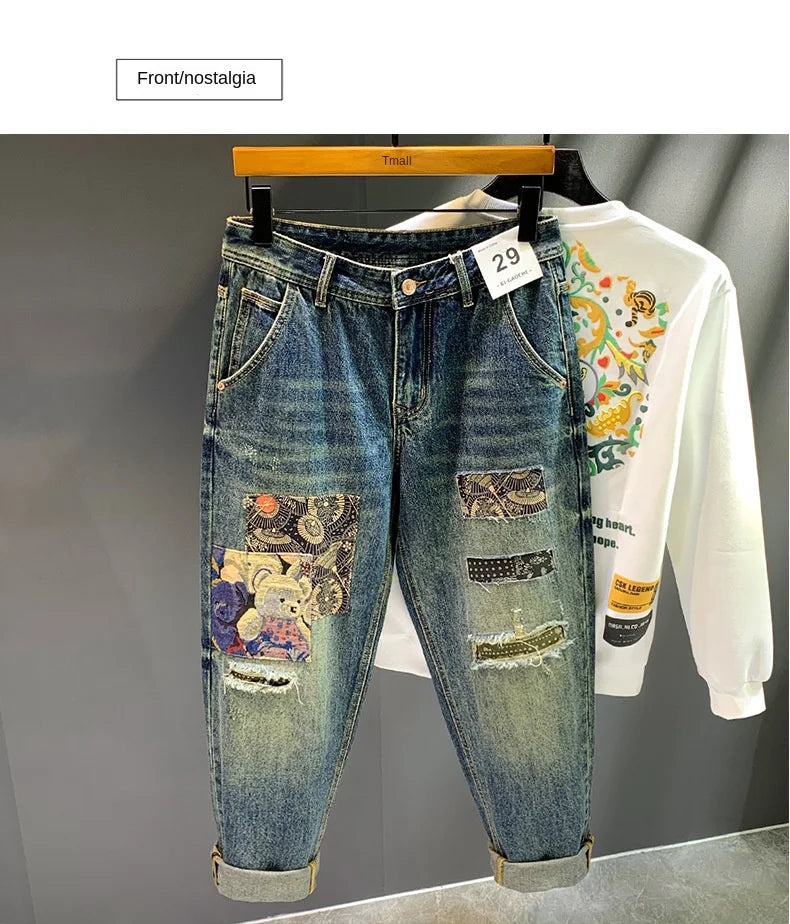 High Street Trendy Brand Retro Distressed Loose Harlan Jeans Men'S Spring And Autumn New Personalized Trendy Patch Long Pants Me