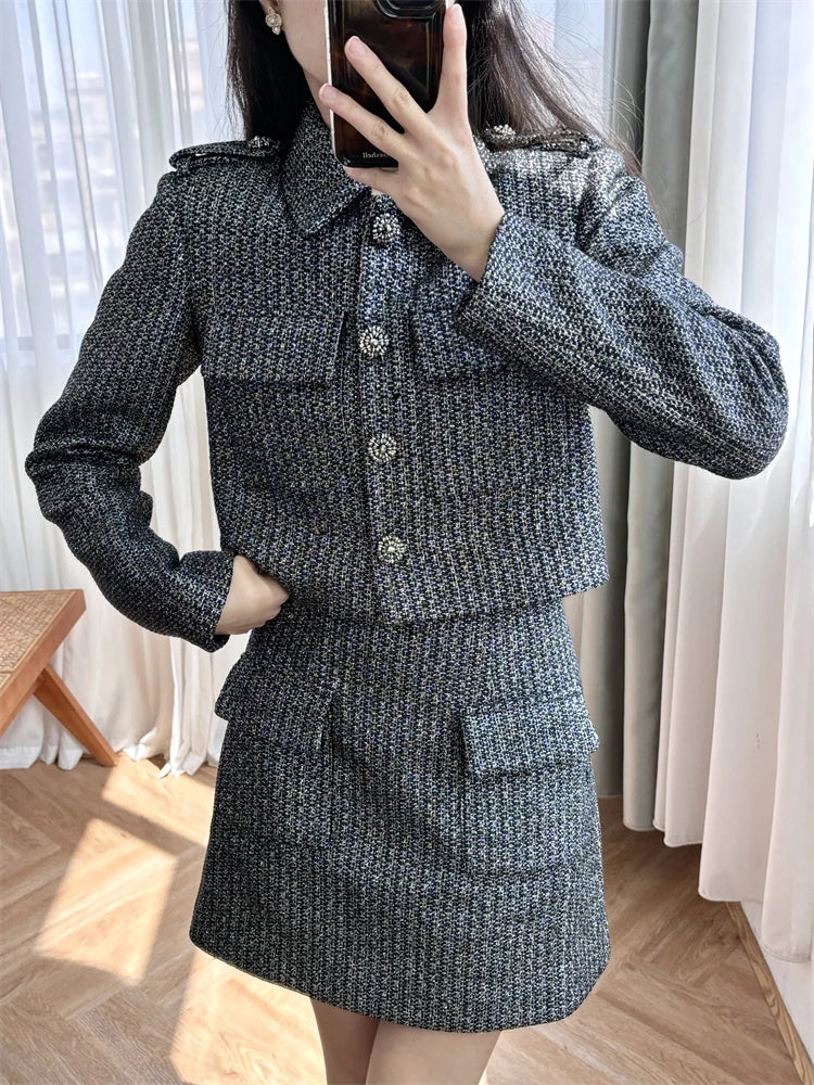 New 2024 High Quality Women Skirt Suit Cropped Tweed Jacket and Short Skirt Buttons Fastening Mini A-Line Elegant High Street SP