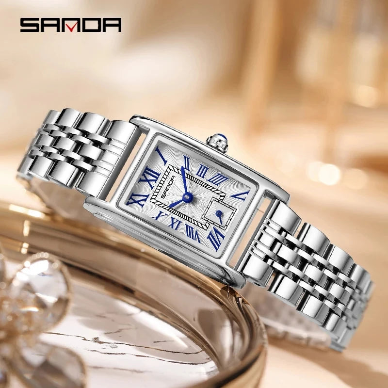 SANDA 1116 Quartz Watch Women Elegant Design Watches Rectangle Dial Waterproof Steel Leather Business Ladies Wristwatches Gift