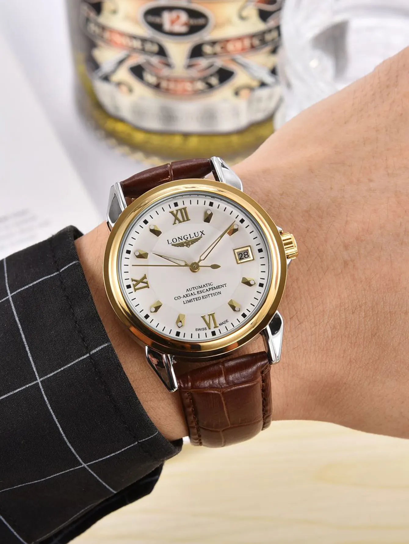 LONGLUX automatic man watch business leisure dating mechanical wristwatches day date waterproof leather  mens watch men gift