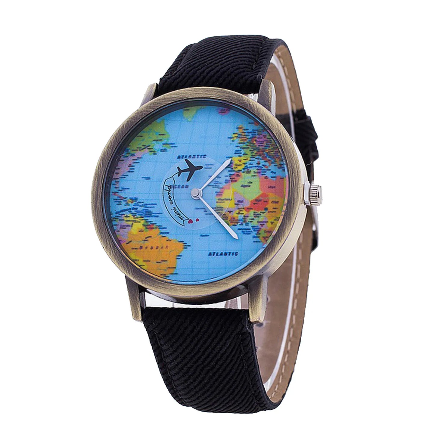 Fashion Retro Belt Quartz Watch Airplane Second Hand Map Watch Unisex Dial Design Elegant Watches for Ladies Gift montres femmes