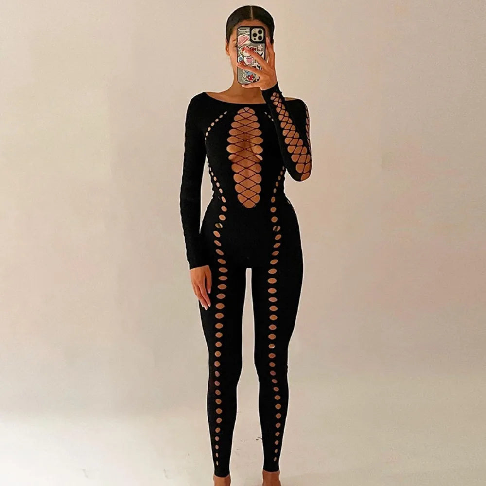 2024 Fashion CUTENOVA Sexy Holes Rip Jumpsuit Mesh See Through Long Sleeve Skinny Overalls for Women Nightclub Strappy Outfit