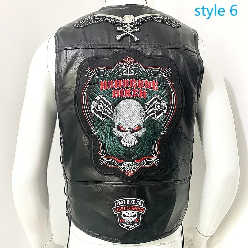 Motorcycle Leather Vest Embroidered Patch Moto Sleeveless Jacket Cycling Casual Street Vest Motorcycle Club Punk Vest