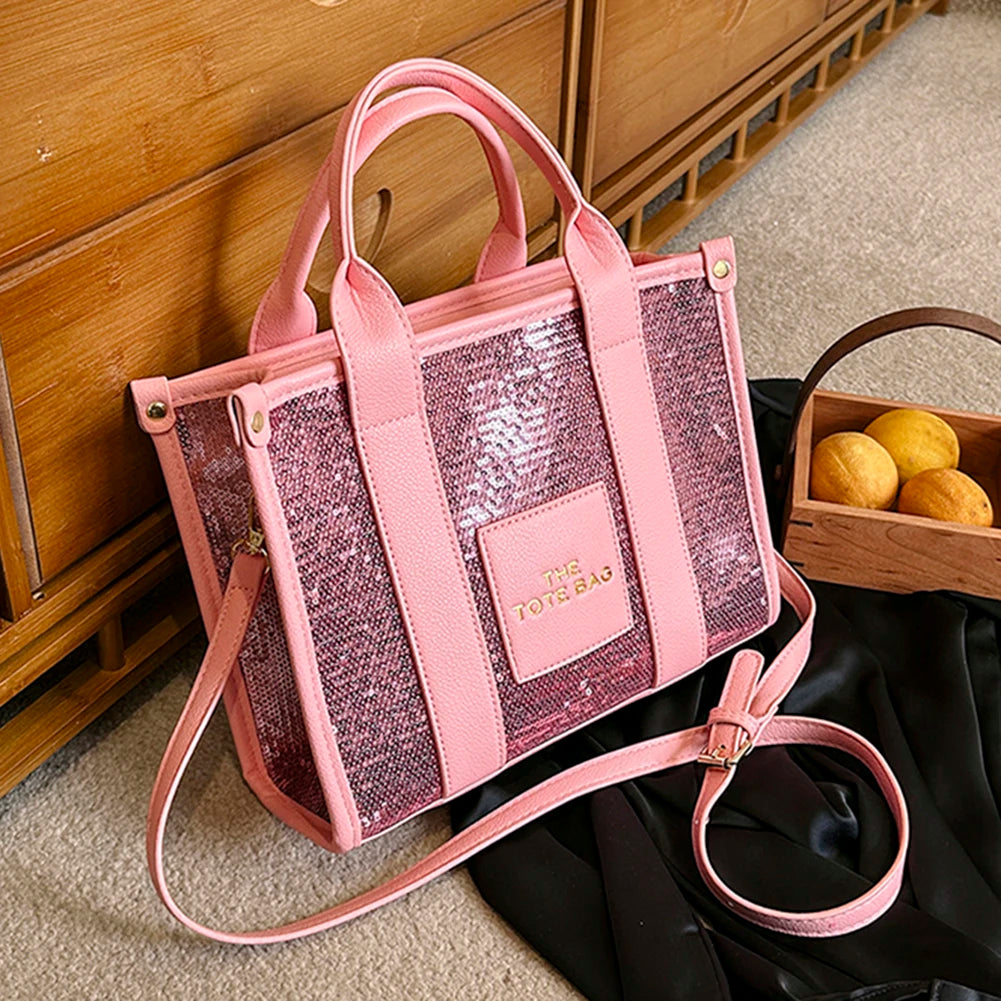 New The Tote Bag Letter Printed Sequins Top-Handle Bag Women Leather Handbag Luxury Designer Glitter Shoulder Crossbody Bag