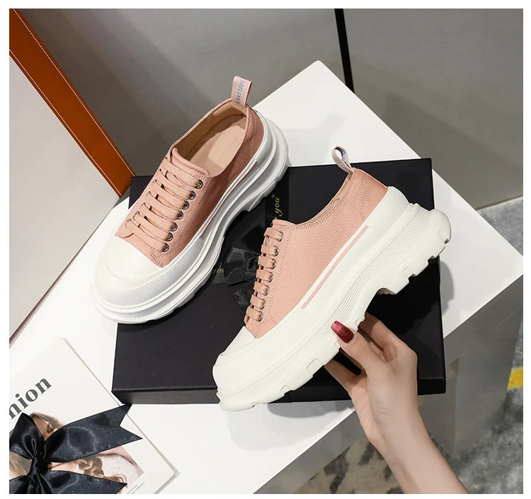 2024 Spring New Women'shoes Lace Up Sports and Leisure  Men's Shoes Thick Bottom Waterproof Platform Soft  Elevated Canvas Flat