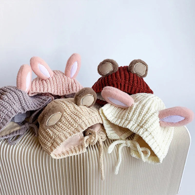 2024 Autumn Winter Newborn Girl Hat Bear Rabbit Ears Knitted Infant Girl Caps Multiple Color Available Lace-up Baby Girl Hats