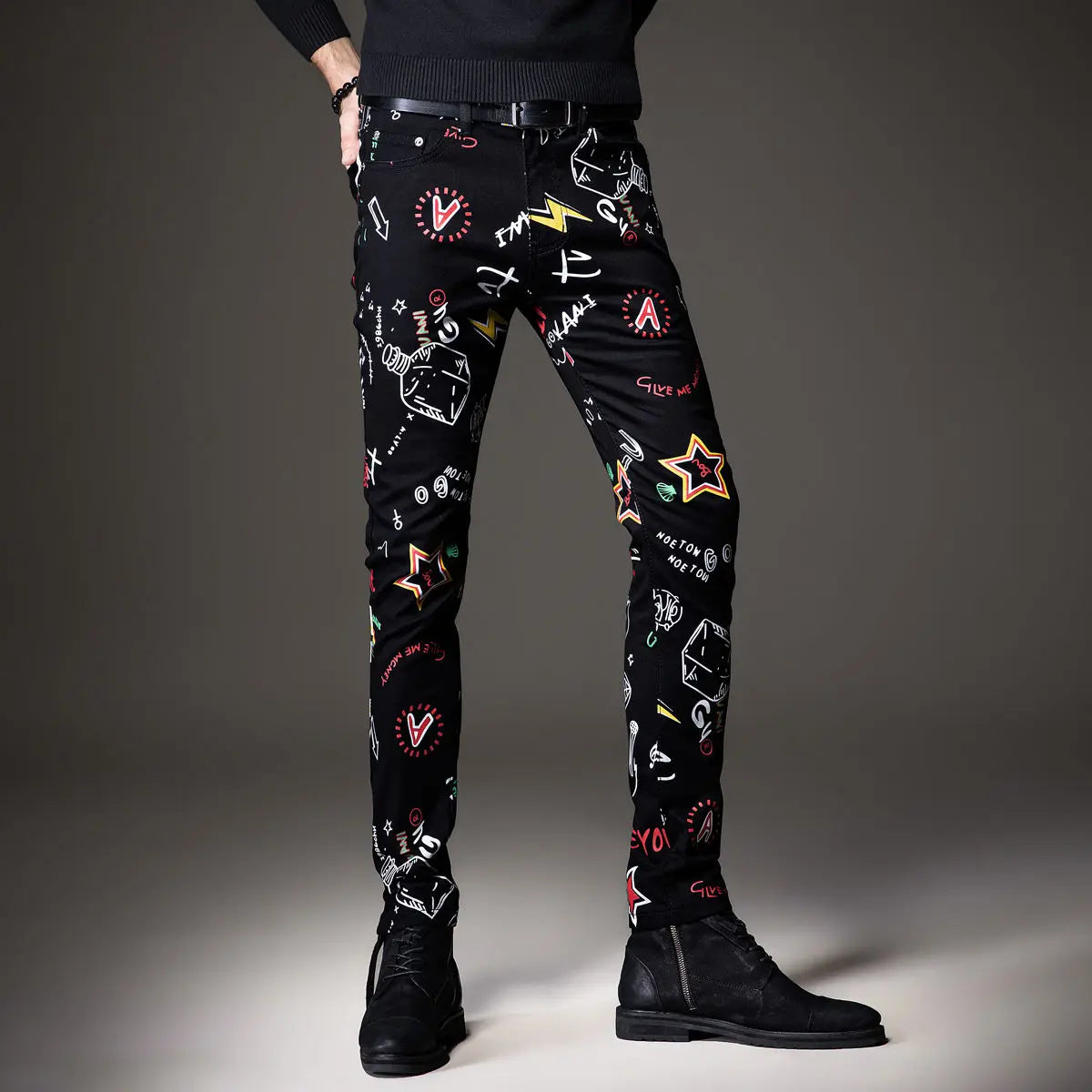 Luxury Mens Denim Pants Hip Hop Graffiti Print Jeans Designer Slim Fit Trendy Black Jeans Stretch Cowboy Cotton Trousers for Men