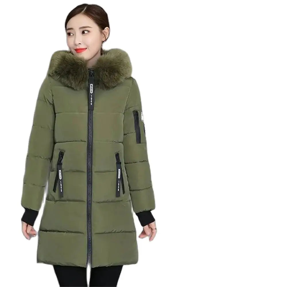 Winterjacke 2024 Koreanische Frauen Parka Große Pelzkragen Mit Kapuze Dicker Warmer Langer Weiblicher Mantel Lässige Outwear Daunenbaumwolljacke Parkas