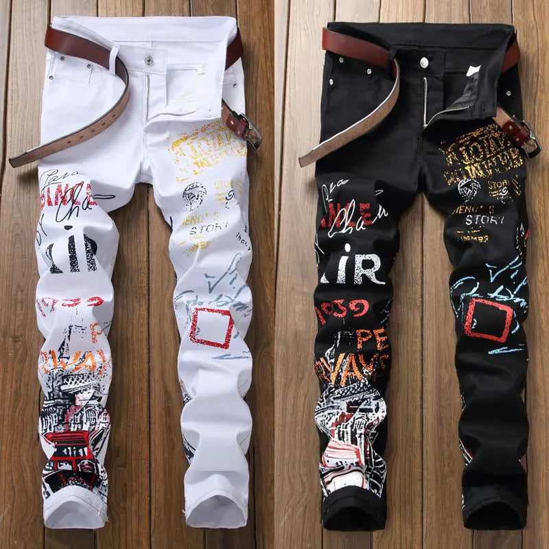 High Street Fashion Mens Jeans Night Club Black White Color Personal Designer Printed Jeans Men Punk Pants Skinny Hip Hop Jeans