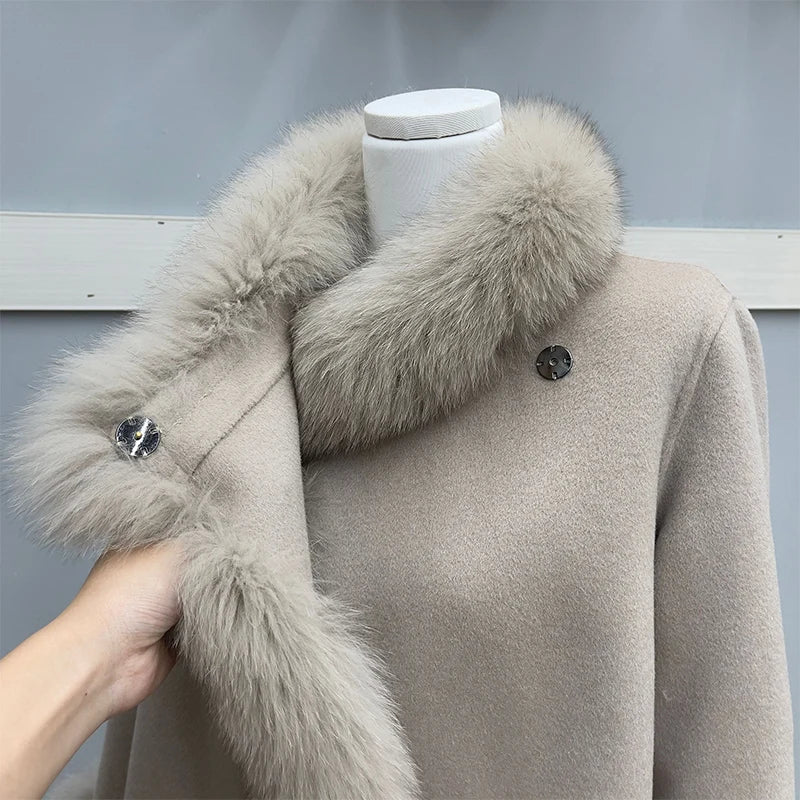 Mode Natürliche Winter Pelzmantel Echt Fuchs Pelz Kragen Kaschmir Wolle Woolen Frauen Jacke Luxus Outwear Neue Damen Weiblichen Mantel