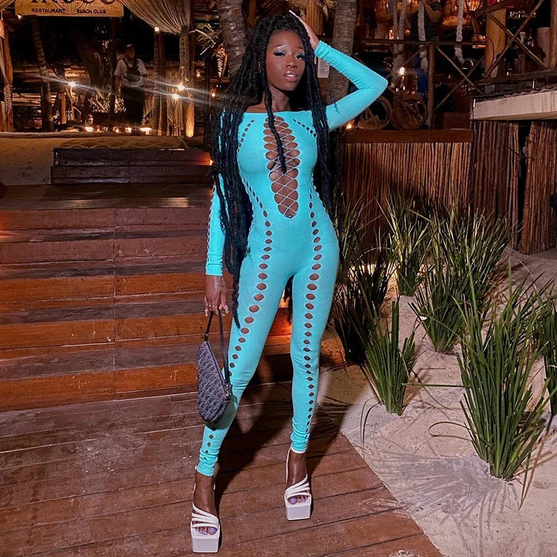 2024 Fashion CUTENOVA Sexy Holes Rip Jumpsuit Mesh See Through Long Sleeve Skinny Overalls for Women Nightclub Strappy Outfit