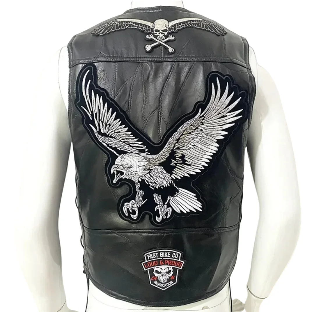 Motorcycle Leather Vest Embroidered Patch Moto Sleeveless Jacket Cycling Casual Street Vest Motorcycle Club Punk Vest