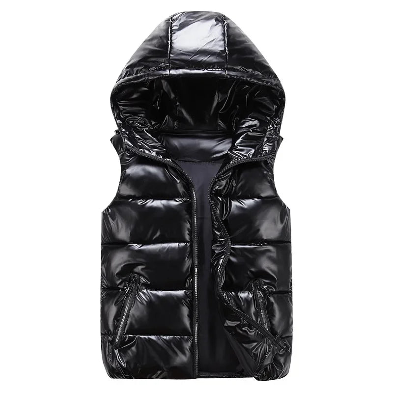 New Men's Hooded Vest Coats Fashion Glossy Waterproof Design Couple Down Cotton Lightweight Casual Waistcoat Male Parkas Vests