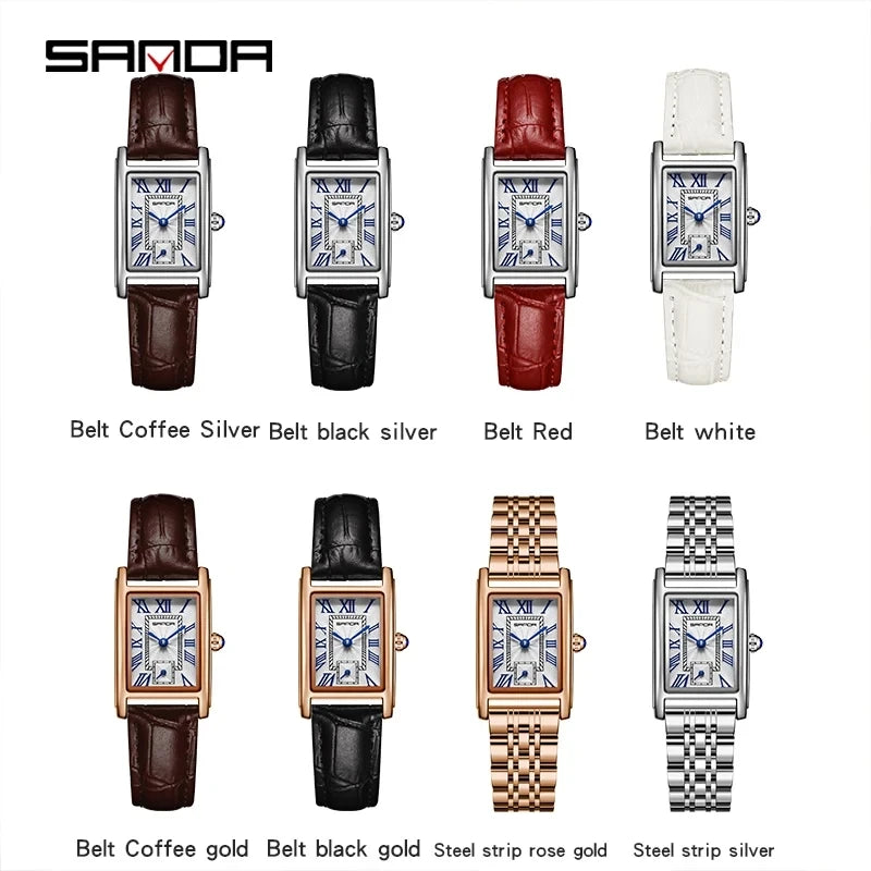 SANDA 1116 Quartz Watch Women Elegant Design Watches Rectangle Dial Waterproof Steel Leather Business Ladies Wristwatches Gift