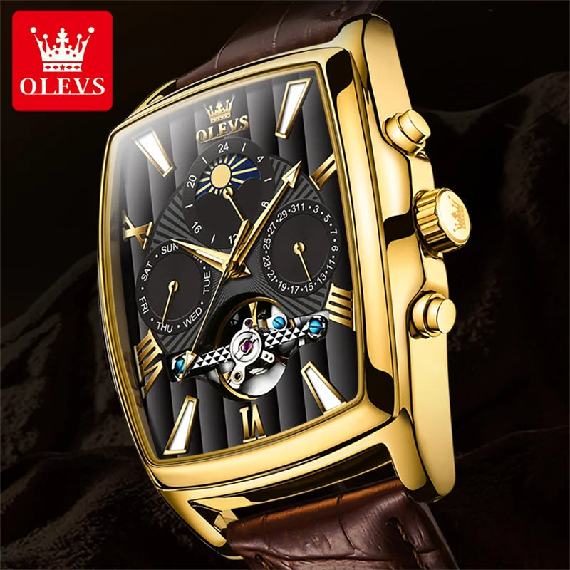 OLEVS Luxury Rectangular Dial Mechanical Watches Waterproof Leather Automatic Luminous Watch Business Men relogios masculino