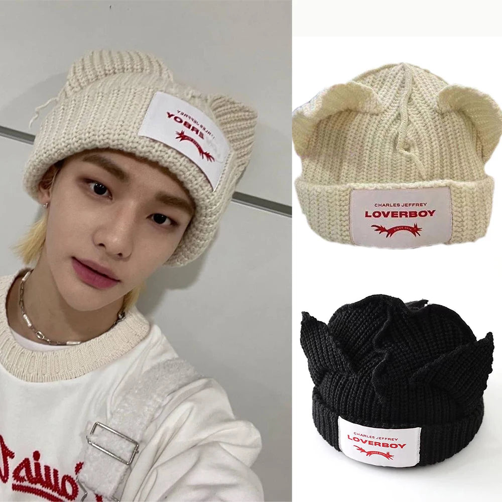 KPOP HyunJin Knitted Hat WAYV HENDERY INS Style Wool Cat Ear Hat Winter Warm Decorative Cap Couple Christmas Gifts