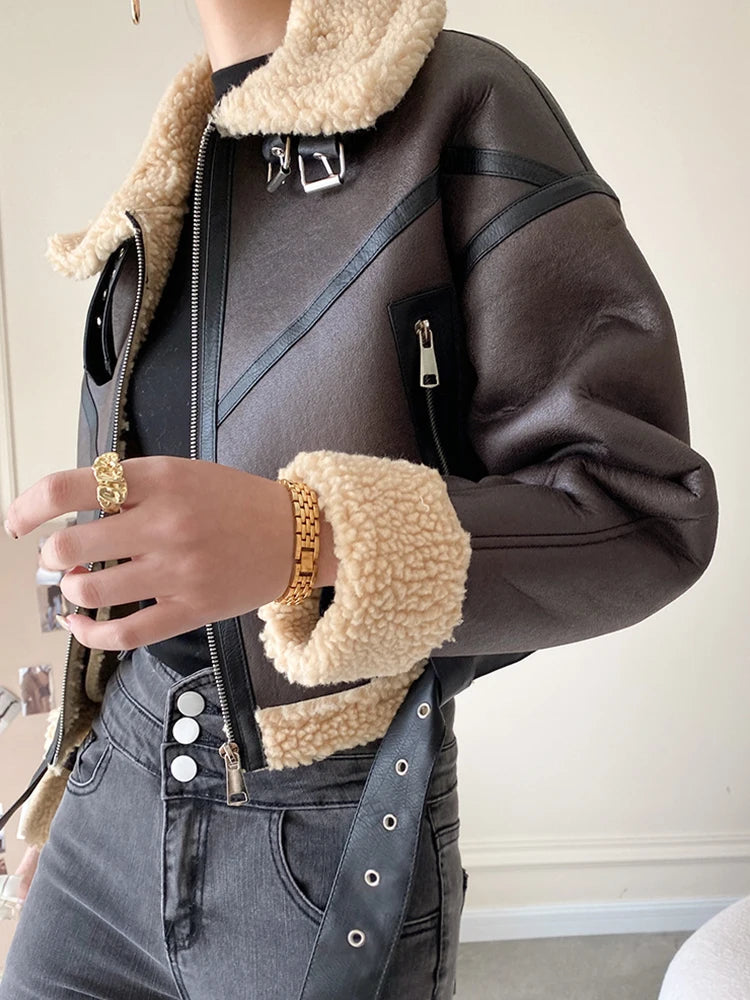 Ailegogo Autumn Winter Women Retro Loose Thick Warm Faux Lamb Fur Coat Streetwear Female Spliced Zipper Belt Jacket Outwear