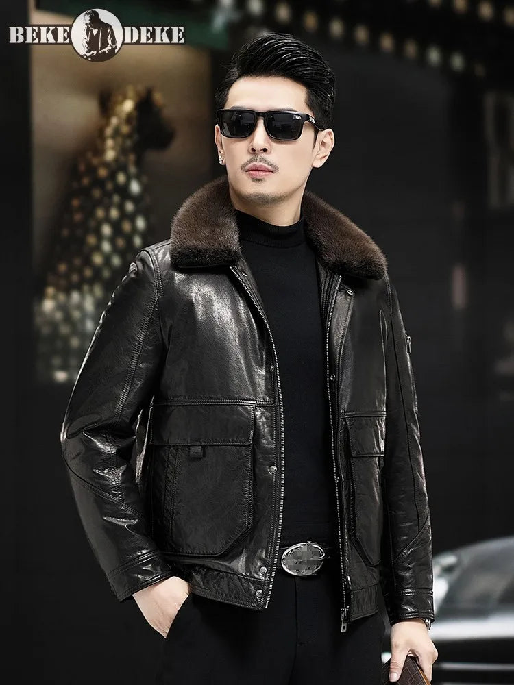 Winter Men Cowhide Genuine Leather Down Jacket Faux Mink Fur Collar Slim Fit Thick Warm Coat Moto Biker White Duck Down Overcoat