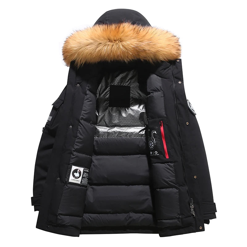 Black Down Jacket 2024 Winter Lined White Duck Down Hooded Fur Collar Jacket Casual Fashion Thick Warm Embroidered Design Parka